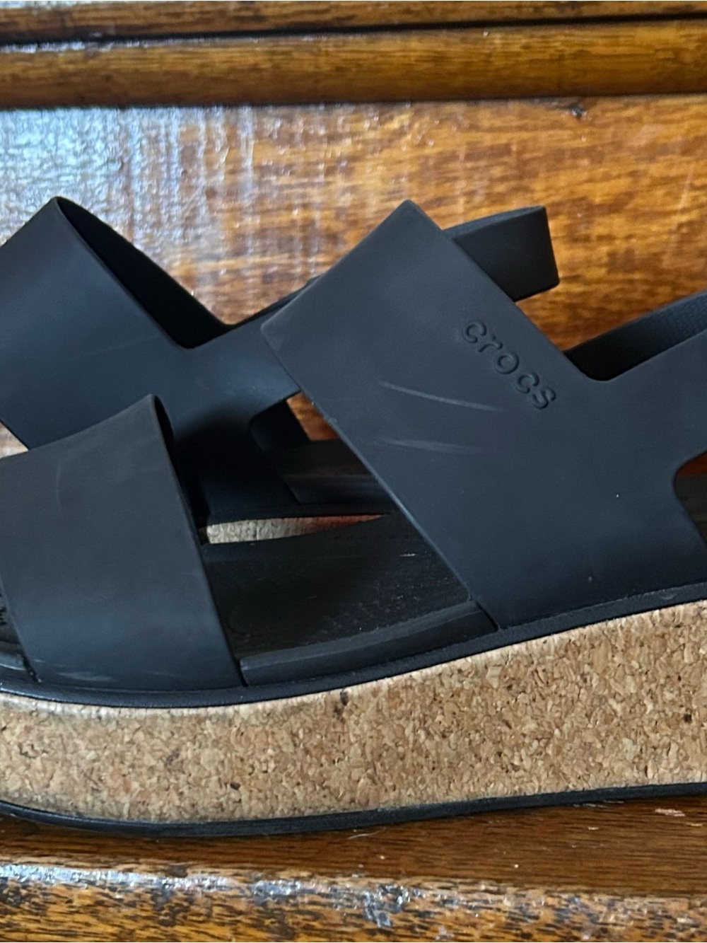 CROCS Women's Black Cork-Look Platform Slide Sandals